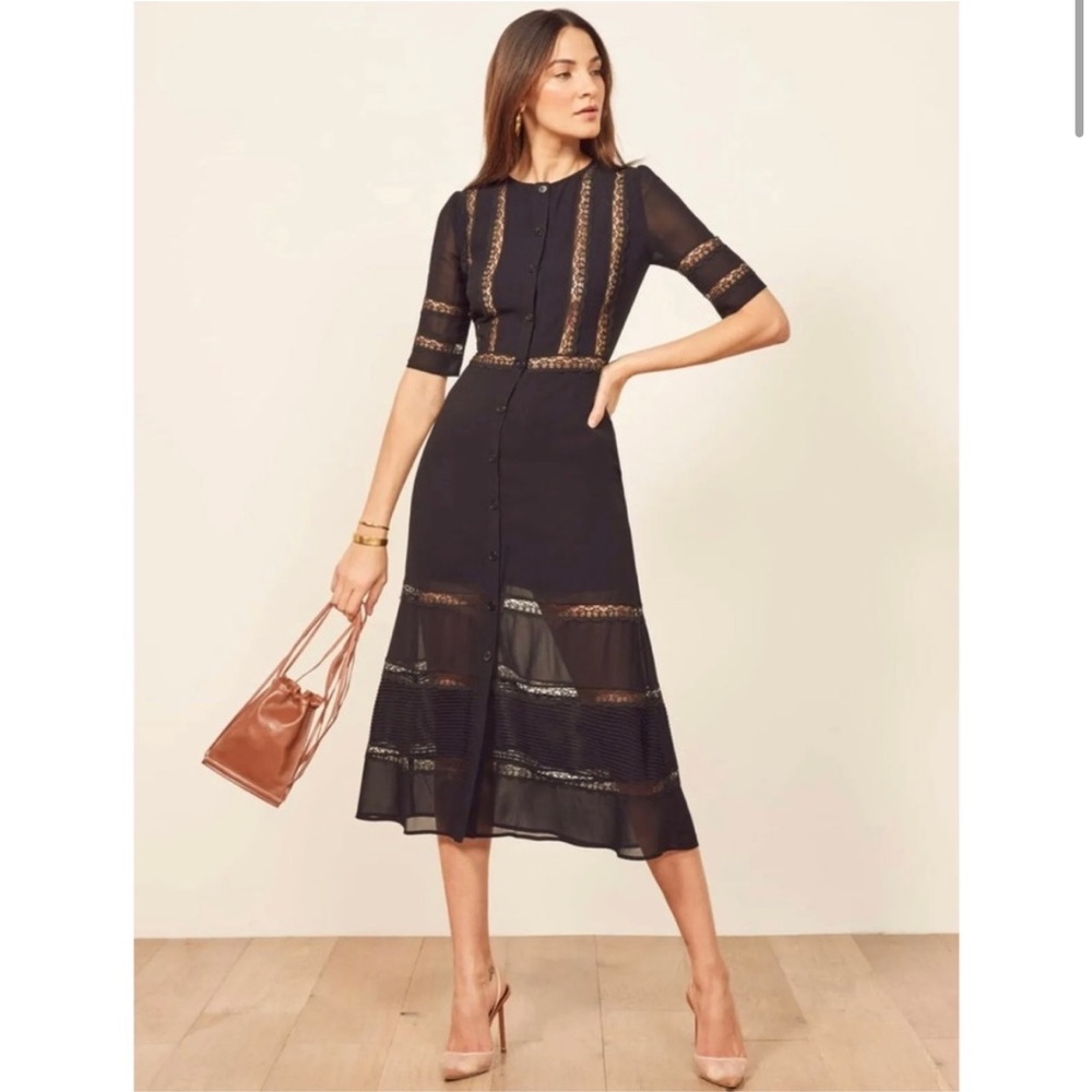 Reformation Surrey Lace-trimmed Georgette Midi Dress Black